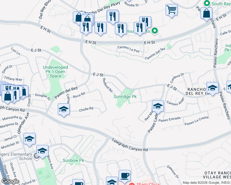 map of restaurants, bars, coffee shops, grocery stores, and more near 952 Beechglen Drive in Chula Vista