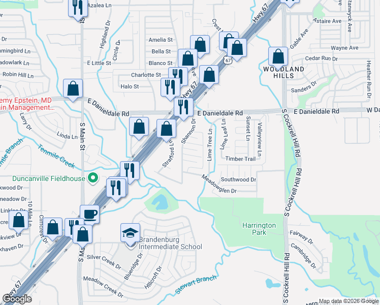 map of restaurants, bars, coffee shops, grocery stores, and more near 1623 Shannon Drive in Duncanville