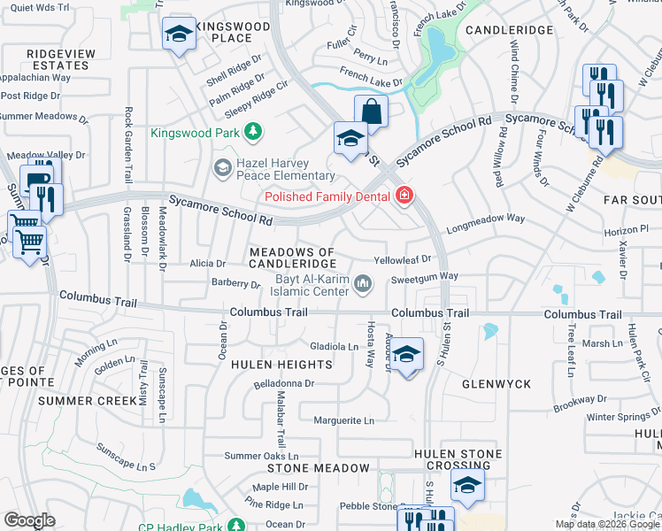 map of restaurants, bars, coffee shops, grocery stores, and more near 4617 Applewood Road in Fort Worth