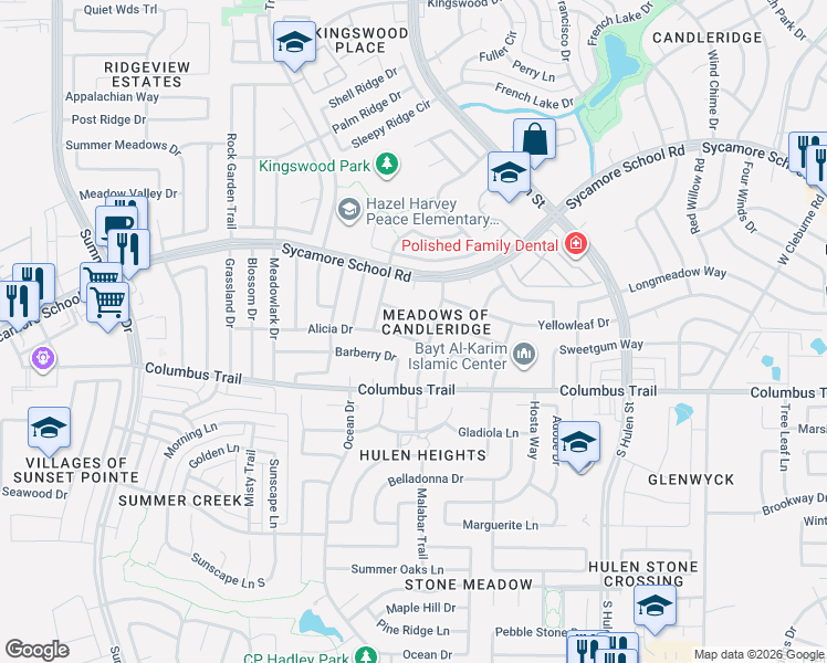 map of restaurants, bars, coffee shops, grocery stores, and more near 4832 Barberry Drive in Fort Worth
