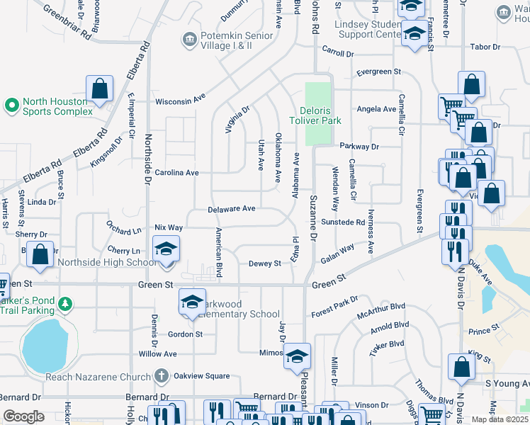 map of restaurants, bars, coffee shops, grocery stores, and more near 220 Delaware Avenue in Warner Robins