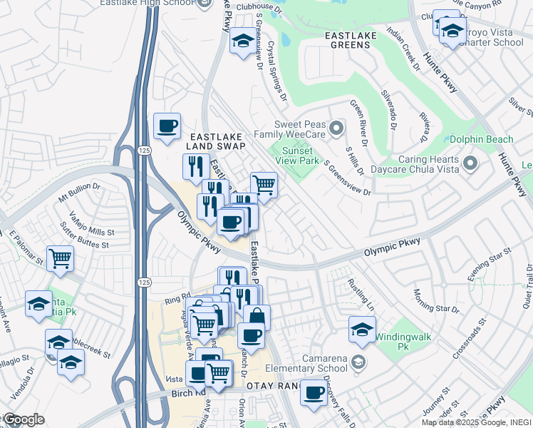 map of restaurants, bars, coffee shops, grocery stores, and more near 1441 Caminito Sicilia in Chula Vista