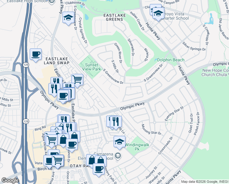 map of restaurants, bars, coffee shops, grocery stores, and more near 1475 Knollwood Place in Chula Vista