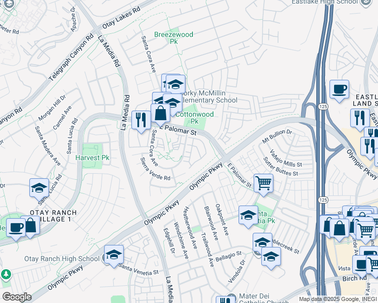 map of restaurants, bars, coffee shops, grocery stores, and more near 1425 Caminito Borrego in Chula Vista