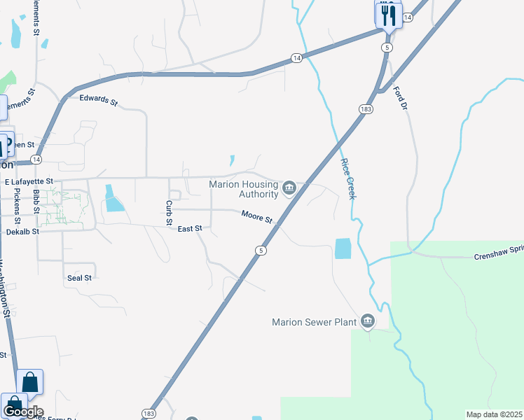 map of restaurants, bars, coffee shops, grocery stores, and more near 608-612 Moore Street in Marion
