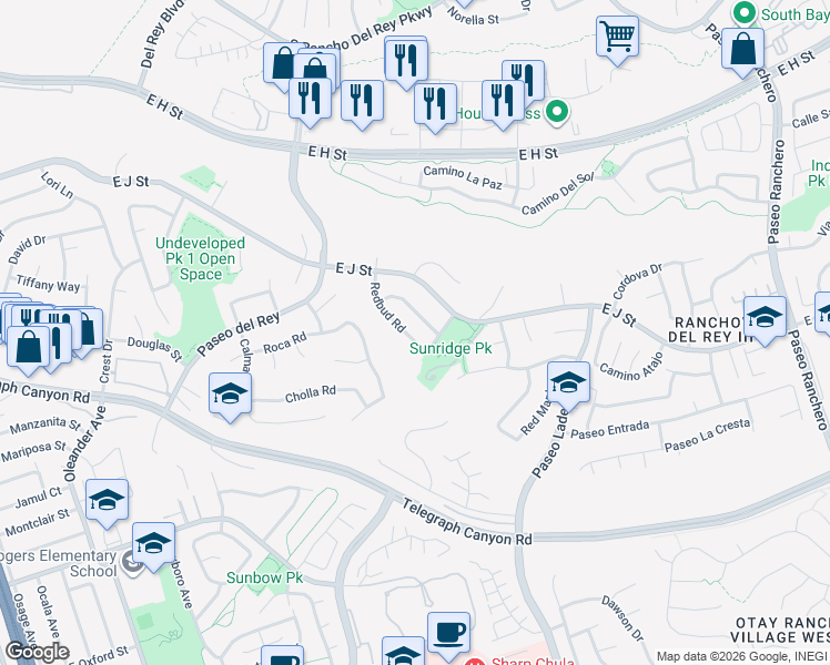map of restaurants, bars, coffee shops, grocery stores, and more near 952 Beechglen Drive in Chula Vista