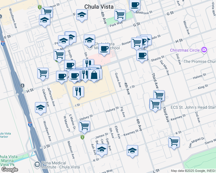 map of restaurants, bars, coffee shops, grocery stores, and more near Avenida Centro in Chula Vista