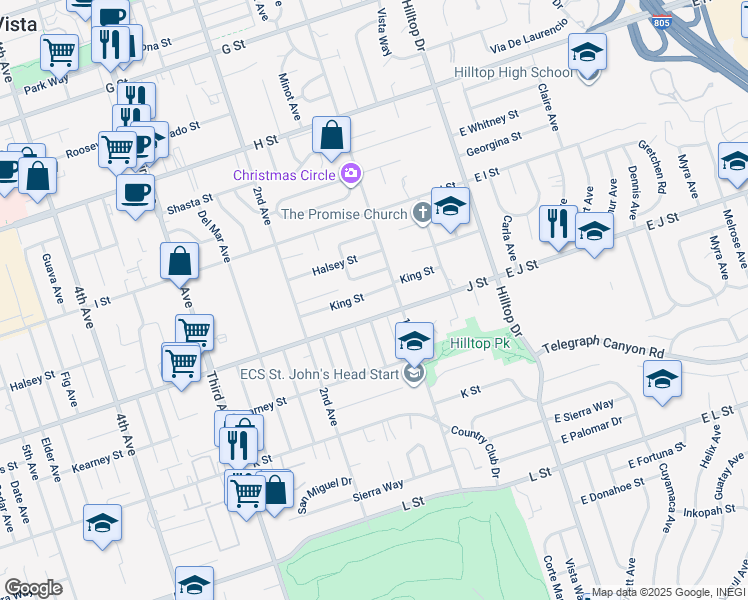map of restaurants, bars, coffee shops, grocery stores, and more near 122 King Street in Chula Vista
