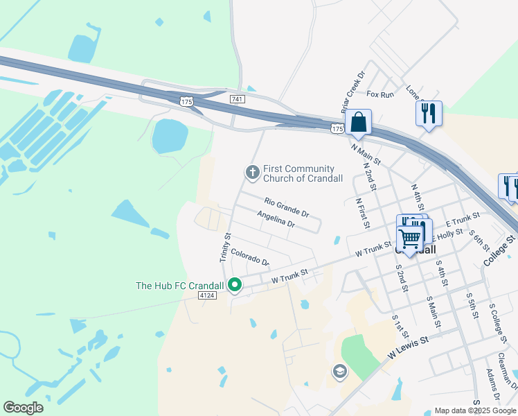 map of restaurants, bars, coffee shops, grocery stores, and more near 121 Angelina Drive in Crandall