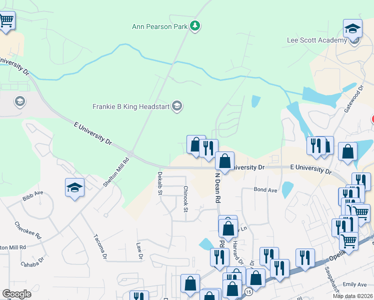 map of restaurants, bars, coffee shops, grocery stores, and more near 2428 East University Drive in Auburn