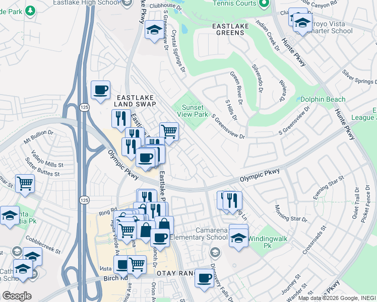 map of restaurants, bars, coffee shops, grocery stores, and more near 1453 Caminito Sardinia in Chula Vista