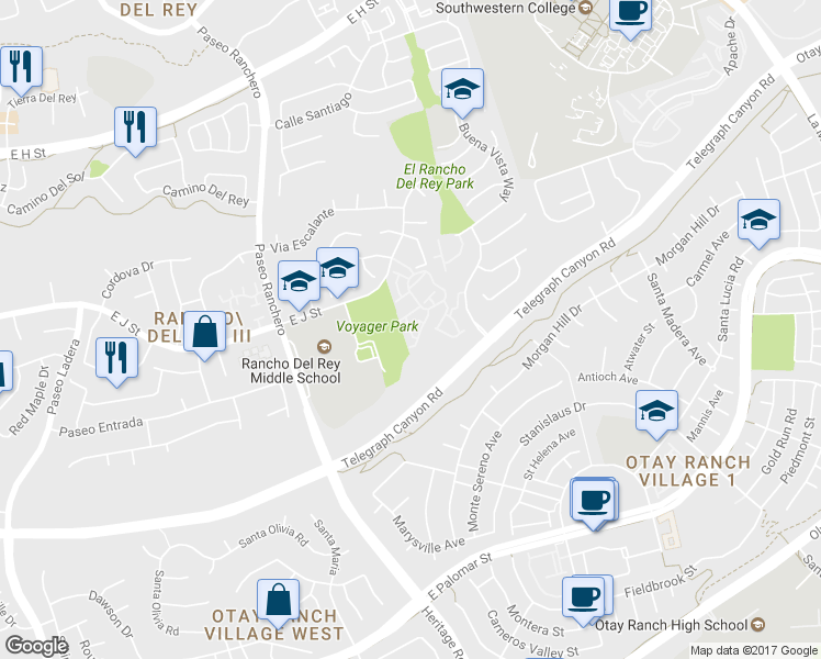 map of restaurants, bars, coffee shops, grocery stores, and more near 1255 Aguirre Drive in Chula Vista