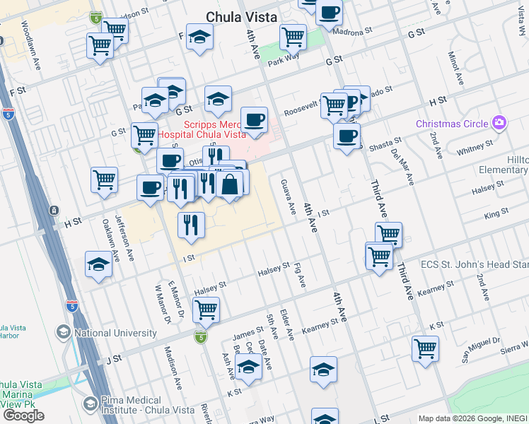 map of restaurants, bars, coffee shops, grocery stores, and more near 590 Fig Avenue in Chula Vista