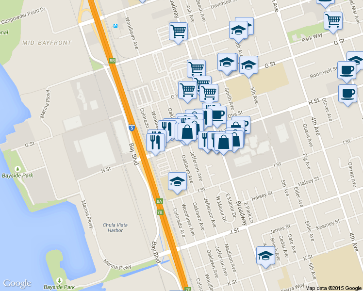 map of restaurants, bars, coffee shops, grocery stores, and more near 698 H Street in Chula Vista
