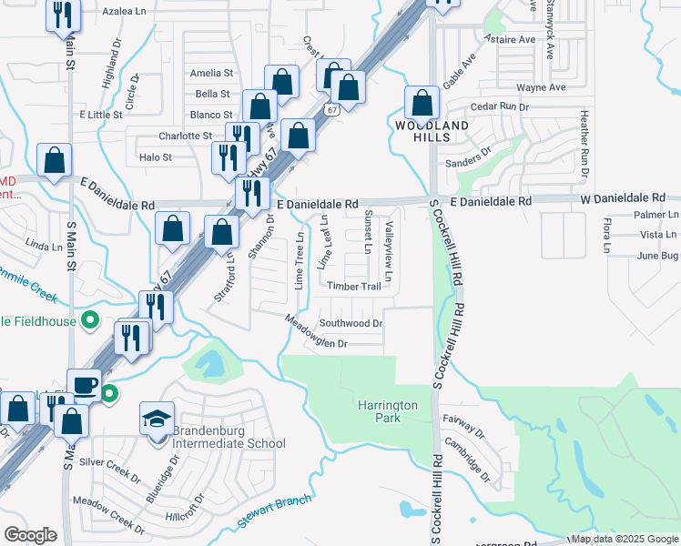 map of restaurants, bars, coffee shops, grocery stores, and more near 622 Timber Trail in Duncanville
