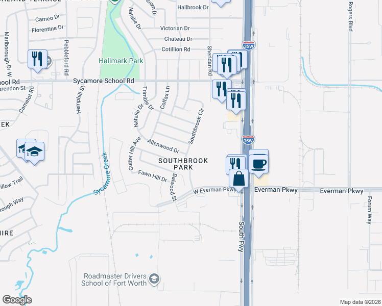 map of restaurants, bars, coffee shops, grocery stores, and more near 8209 Southbrook Circle in Fort Worth