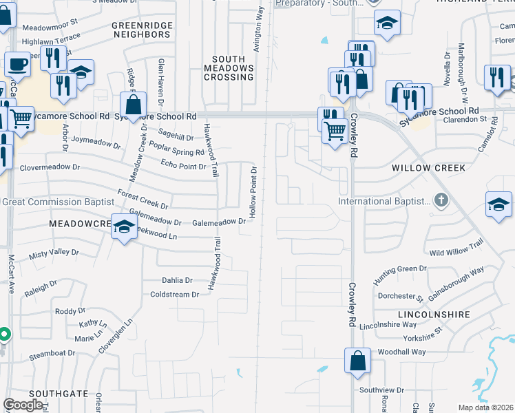 map of restaurants, bars, coffee shops, grocery stores, and more near 7685 Hollow Point Drive in Fort Worth