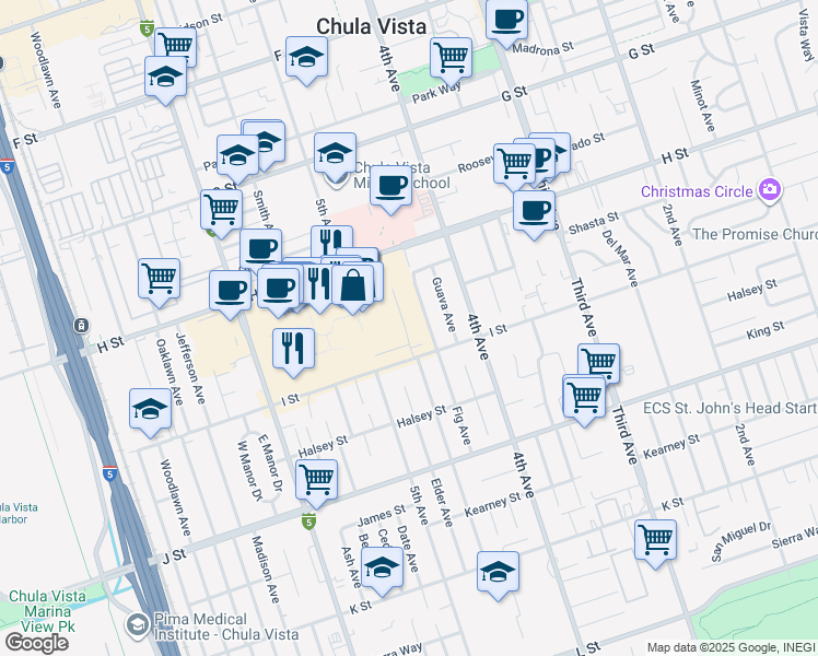 map of restaurants, bars, coffee shops, grocery stores, and more near Avenida Centro in Chula Vista