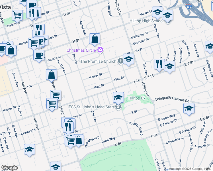 map of restaurants, bars, coffee shops, grocery stores, and more near 122 King Street in Chula Vista