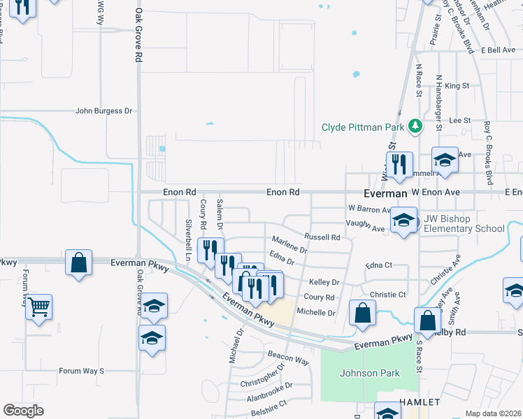 map of restaurants, bars, coffee shops, grocery stores, and more near 1015 Russell Road in Everman