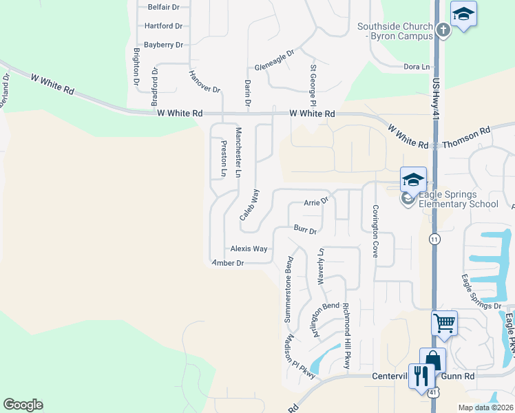 map of restaurants, bars, coffee shops, grocery stores, and more near 248 Caleb Way in Byron