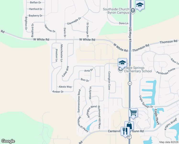 map of restaurants, bars, coffee shops, grocery stores, and more near 501 Arrie Drive in Byron