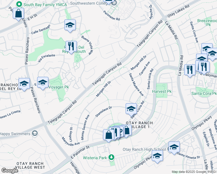map of restaurants, bars, coffee shops, grocery stores, and more near 1179 Saratoga Court in Chula Vista