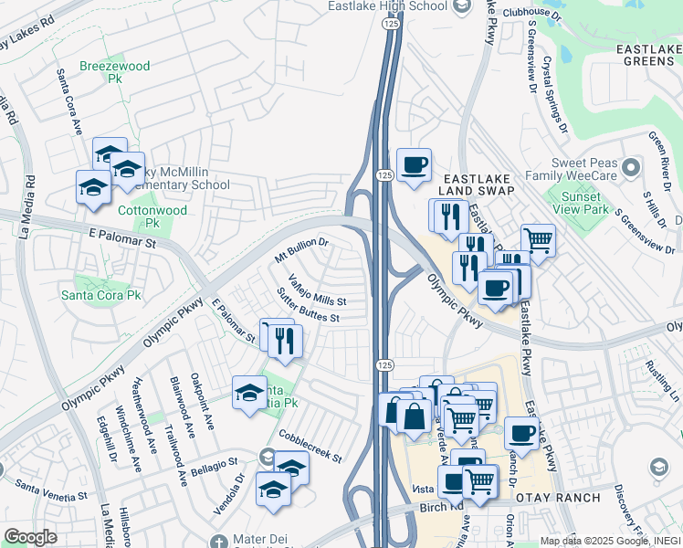map of restaurants, bars, coffee shops, grocery stores, and more near 1416 Wooden Valley Street in Chula Vista