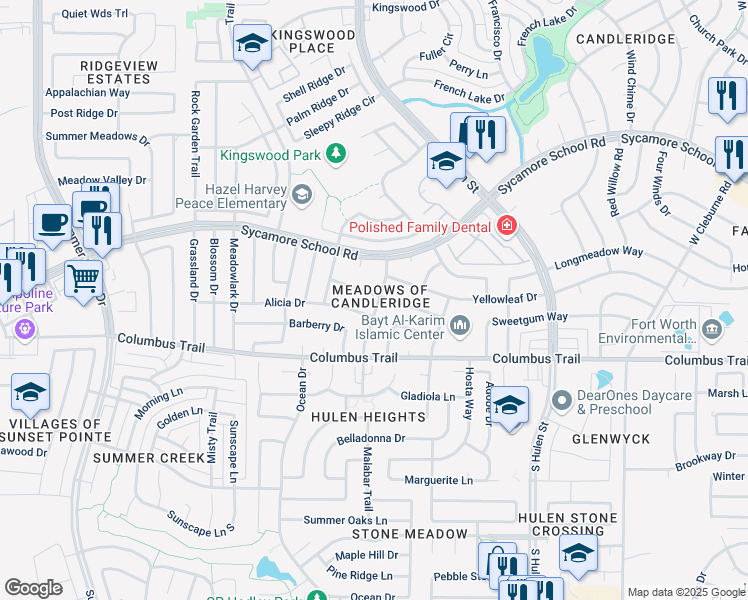 map of restaurants, bars, coffee shops, grocery stores, and more near 4801 Applewood Road in Fort Worth