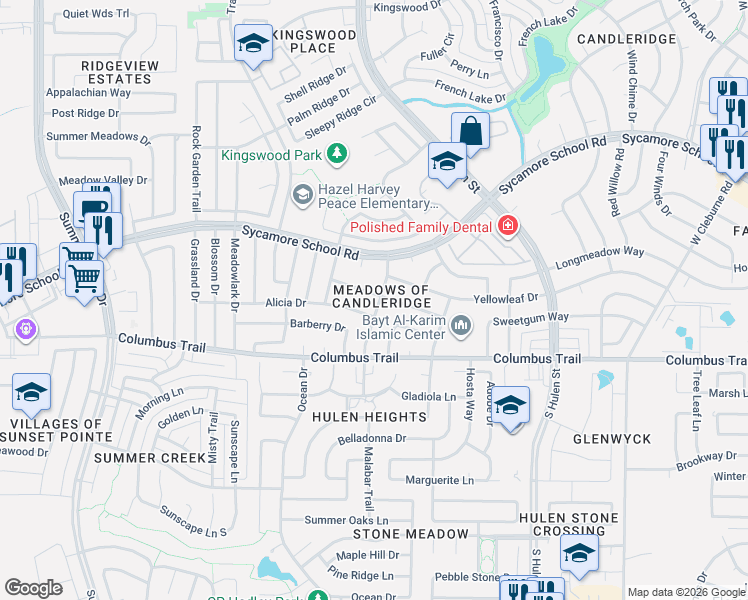 map of restaurants, bars, coffee shops, grocery stores, and more near 7709 Silveridge Drive in Fort Worth