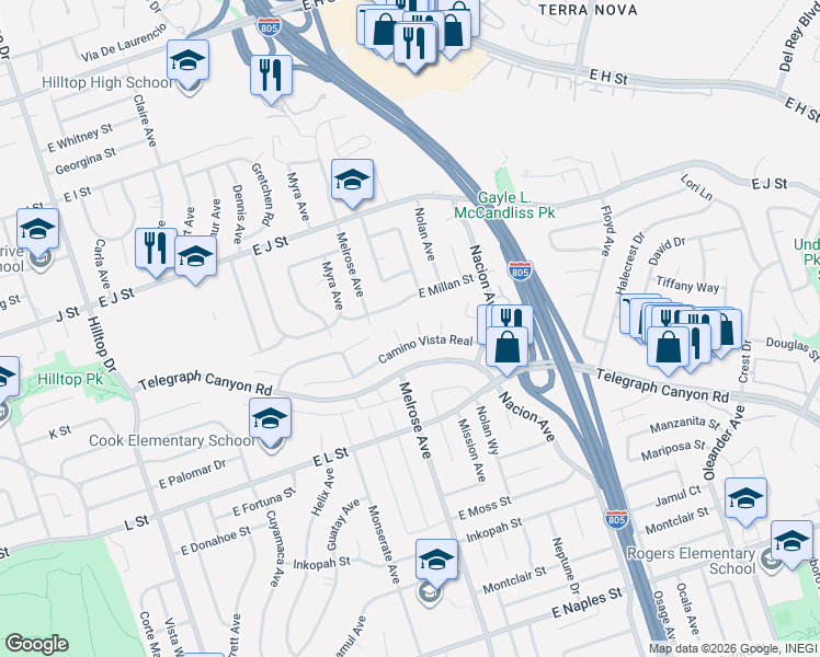 map of restaurants, bars, coffee shops, grocery stores, and more near 250 Camino Vista Real in Chula Vista