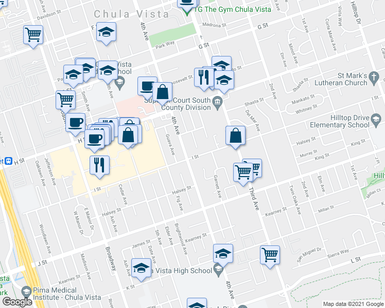 map of restaurants, bars, coffee shops, grocery stores, and more near 605 4th Avenue in Chula Vista