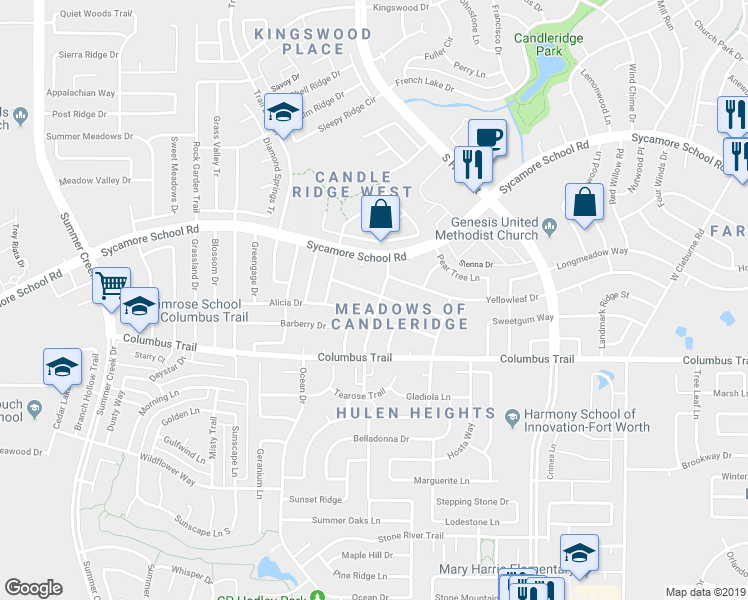 map of restaurants, bars, coffee shops, grocery stores, and more near 7709 Silveridge Drive in Fort Worth