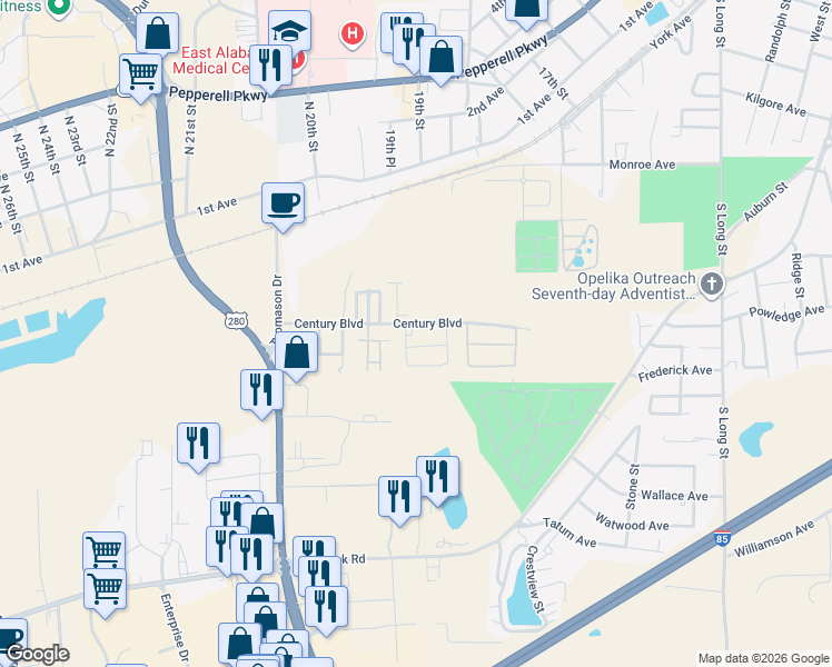 map of restaurants, bars, coffee shops, grocery stores, and more near 1929 Shiloh Loop in Opelika