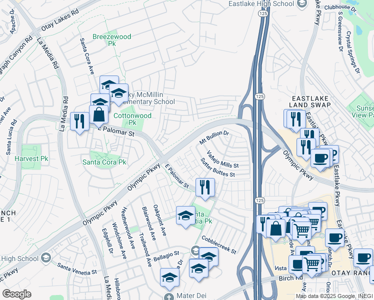 map of restaurants, bars, coffee shops, grocery stores, and more near 1875 Baudouin Place in Chula Vista