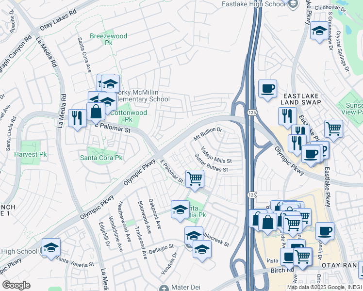 map of restaurants, bars, coffee shops, grocery stores, and more near 1875 Baudouin Place in Chula Vista