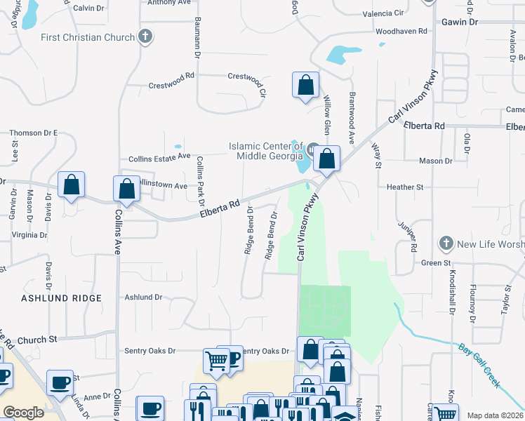 map of restaurants, bars, coffee shops, grocery stores, and more near 106 Cross Ridge Drive in Centerville