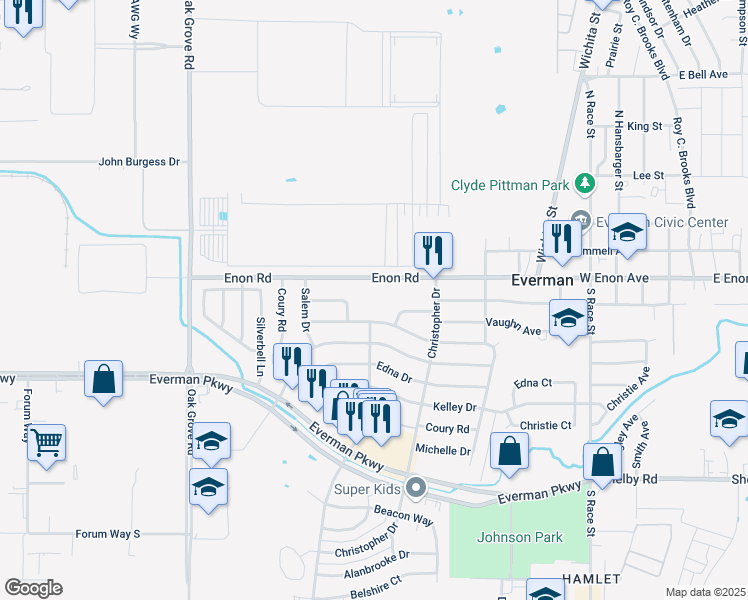 map of restaurants, bars, coffee shops, grocery stores, and more near 932 Russell Road in Everman