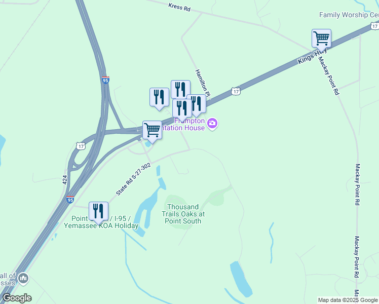 map of restaurants, bars, coffee shops, grocery stores, and more near 634 Campground Road in Yemassee