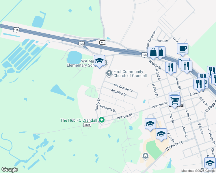 map of restaurants, bars, coffee shops, grocery stores, and more near 105 Angelina Drive in Crandall