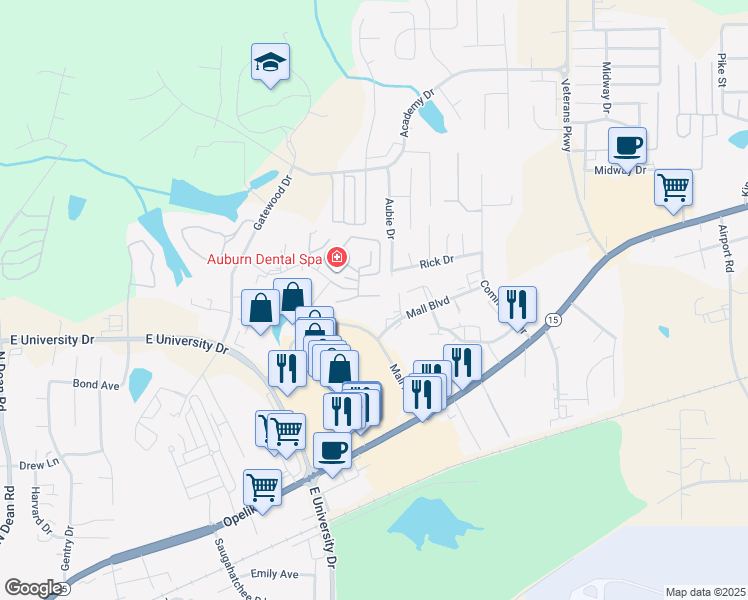 map of restaurants, bars, coffee shops, grocery stores, and more near 1626 Professional Parkway in Auburn