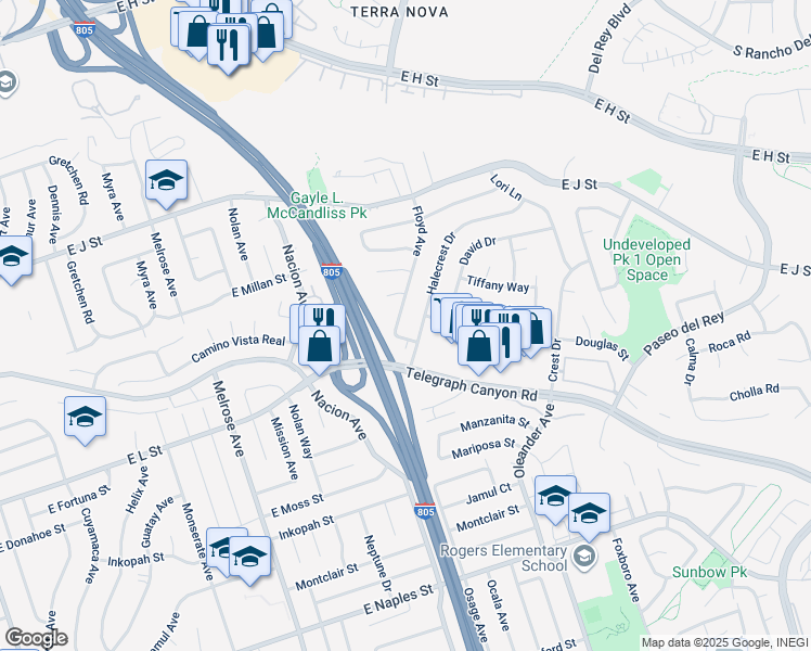 map of restaurants, bars, coffee shops, grocery stores, and more near 856 Halecrest Drive in Chula Vista