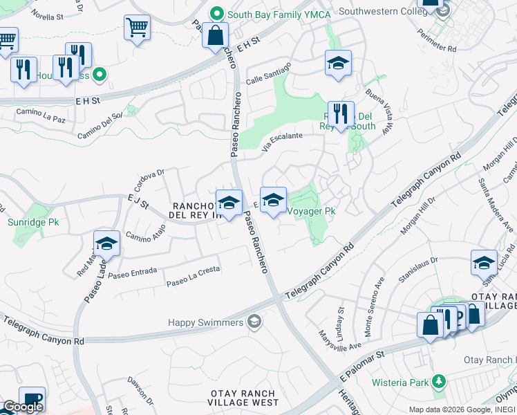 map of restaurants, bars, coffee shops, grocery stores, and more near 1174 Plaza Miraleste in Chula Vista