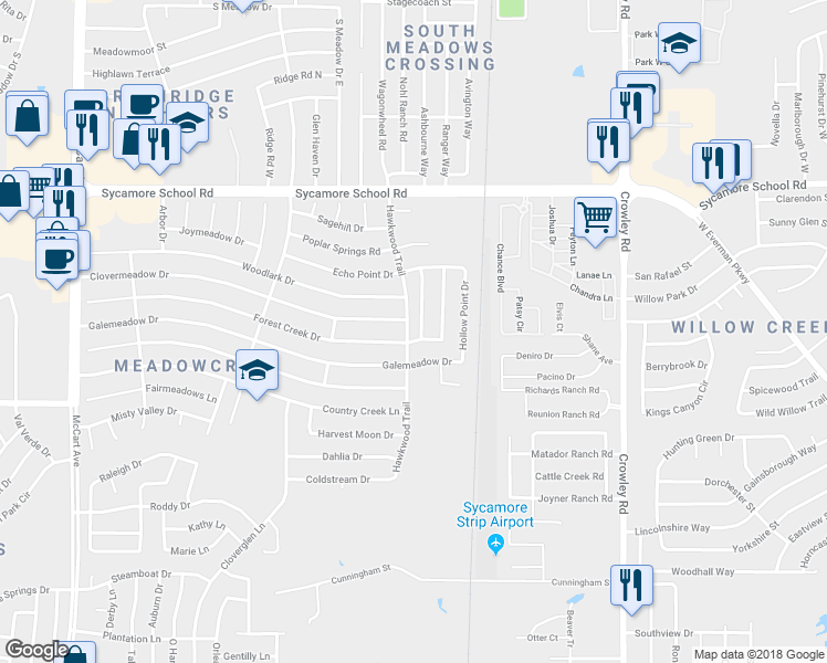 map of restaurants, bars, coffee shops, grocery stores, and more near 7636 Rainbow Creek Drive in Fort Worth