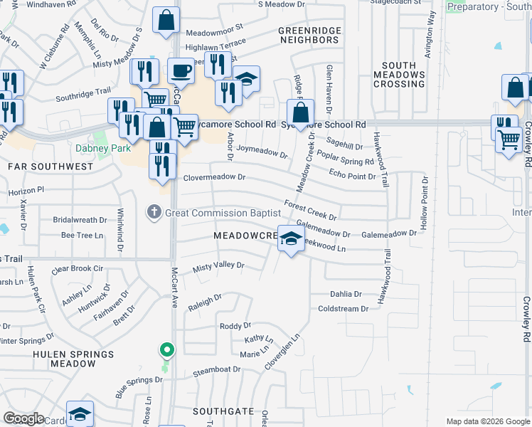 map of restaurants, bars, coffee shops, grocery stores, and more near 3007 Forest Creek Drive in Fort Worth