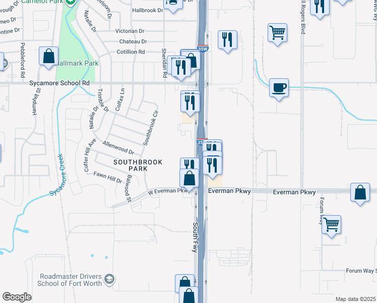 map of restaurants, bars, coffee shops, grocery stores, and more near 8200 South Freeway in Fort Worth