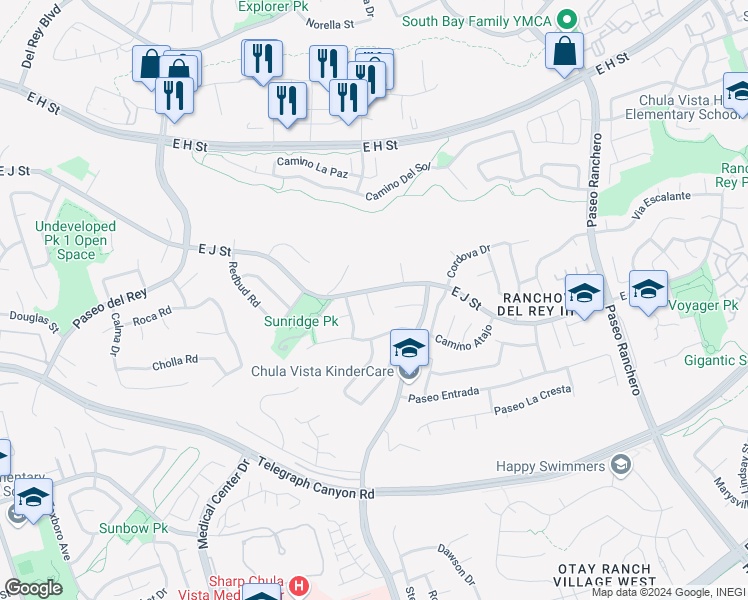 map of restaurants, bars, coffee shops, grocery stores, and more near 1029 Vista Oak Place in Chula Vista