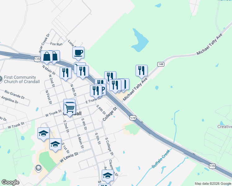 map of restaurants, bars, coffee shops, grocery stores, and more near 1401 U.S. 175 in Crandall