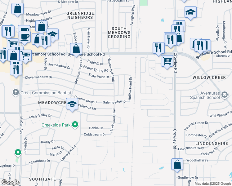 map of restaurants, bars, coffee shops, grocery stores, and more near 7636 Rainbow Creek Drive in Fort Worth