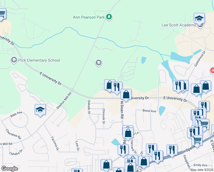 map of restaurants, bars, coffee shops, grocery stores, and more near 2428 East University Drive in Auburn